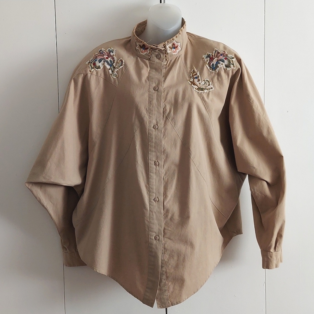 Vintage 1980s Shock Western Applique and Studded Dolman Sleeve Shirt Size Large